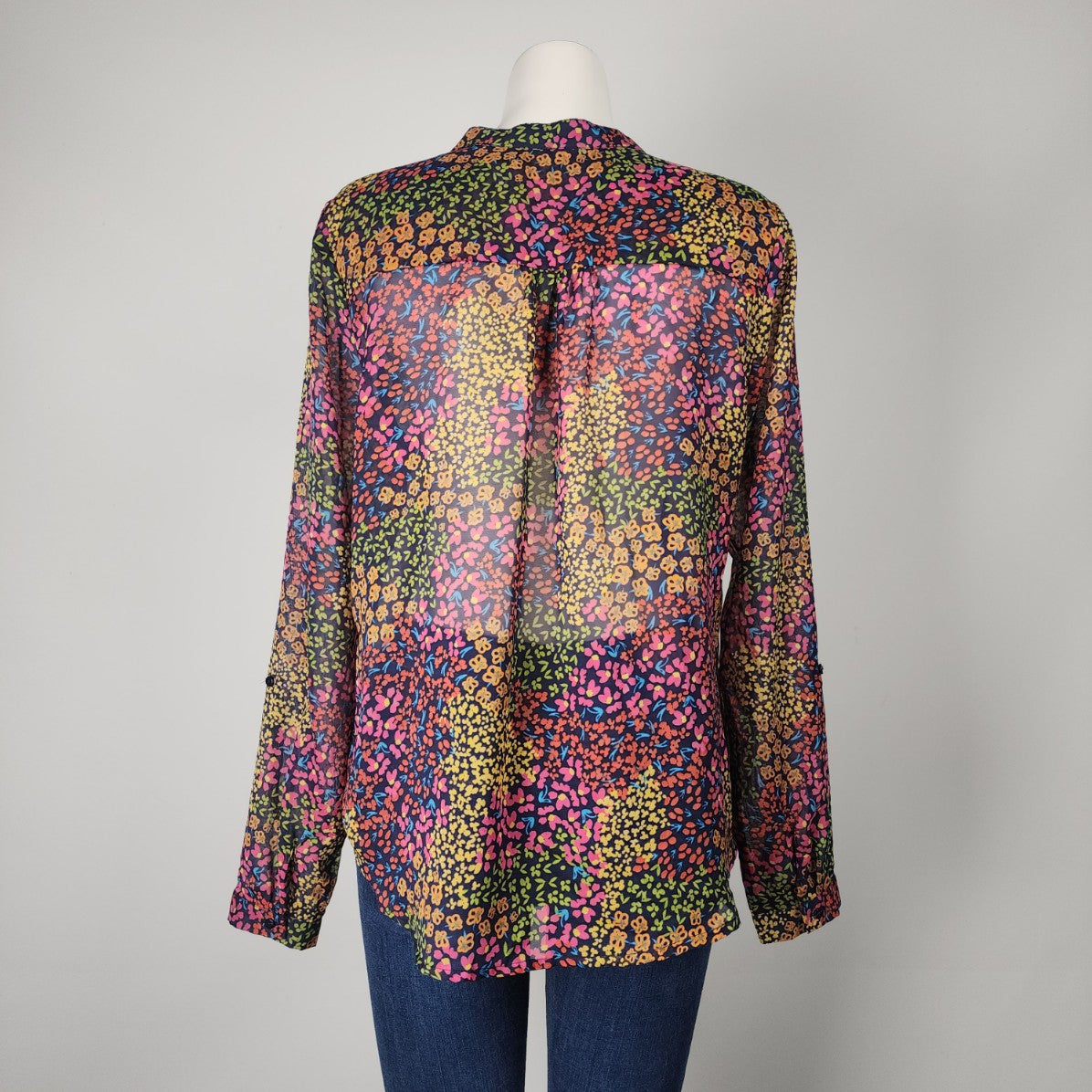 Pink & Blue Floral Sheer Blouse Top Size M