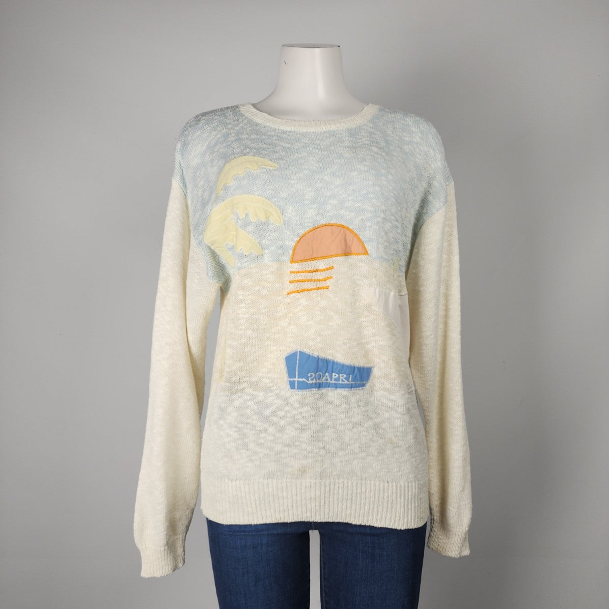 Vintage Cream Knit Beach Scene Sweater Size M