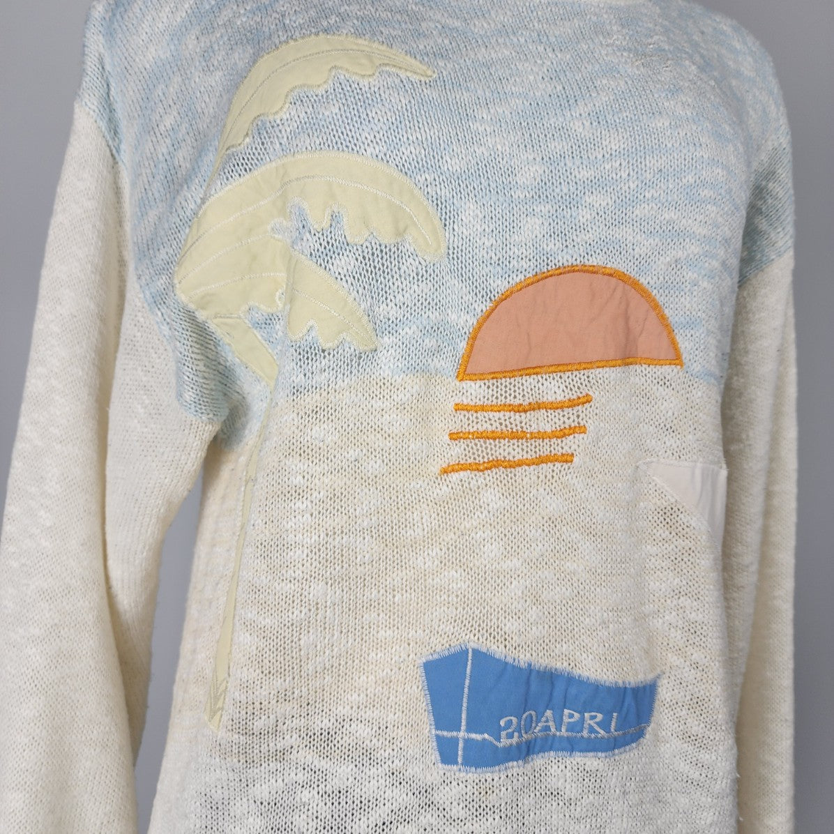 Vintage Cream Knit Beach Scene Sweater Size M