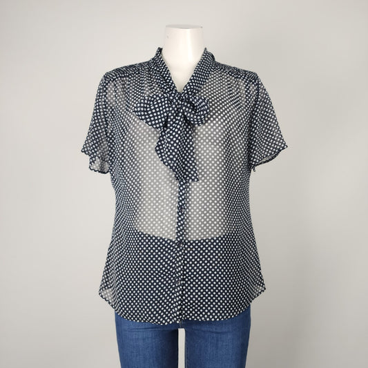 Vintage Woolworths Navy Polka Dot Neck Tie Button Up Blouse Size 14