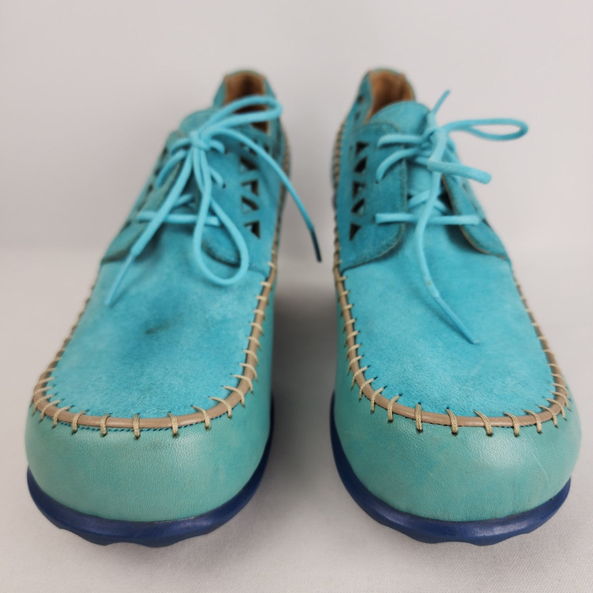 John Fluevog Hopefuls Cheerful Aqua Leather Lace Up Booties Size 9.5