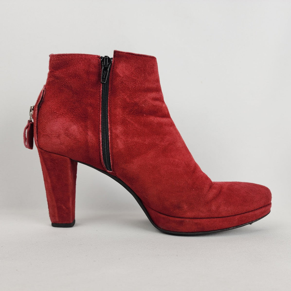 Lilian Red Suede Heeled Ankle Boots Size 8.5