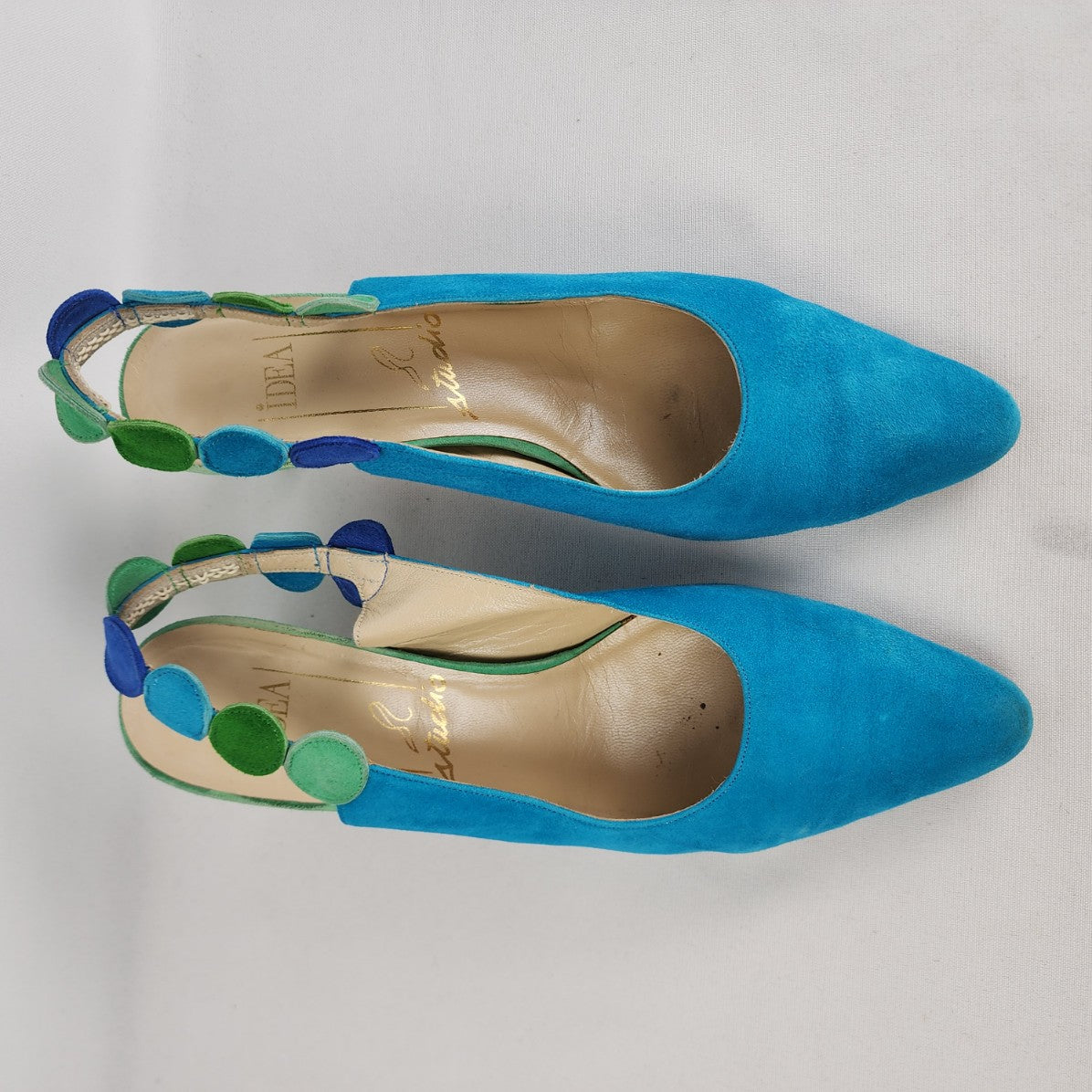 Vintage Idea Studio Blue & Green Suede Sling Back Shoes Size 8