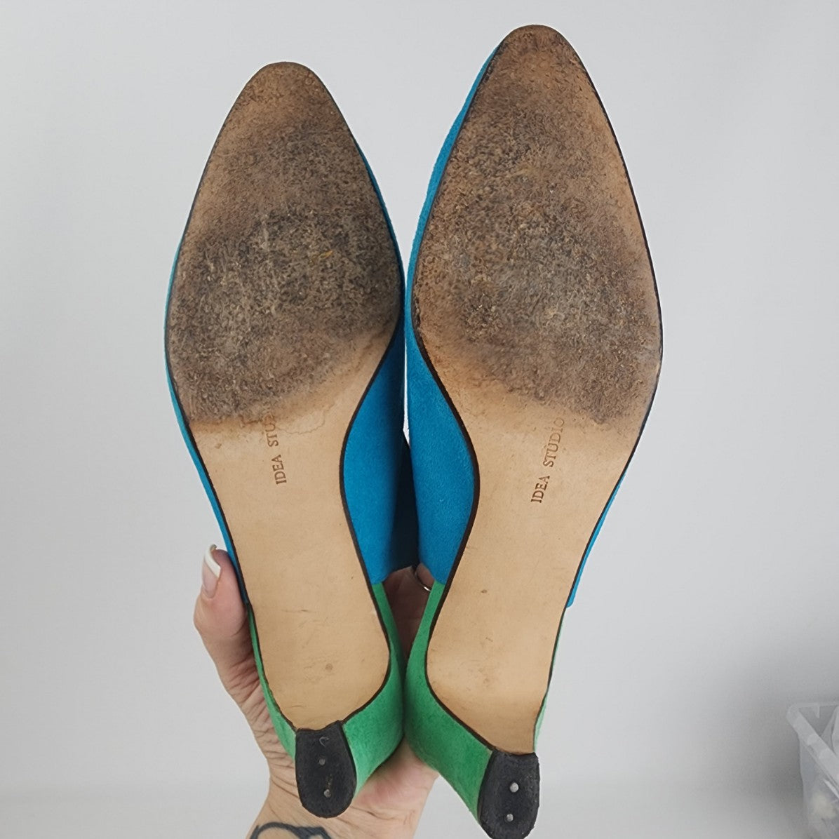 Vintage Idea Studio Blue & Green Suede Sling Back Shoes Size 8