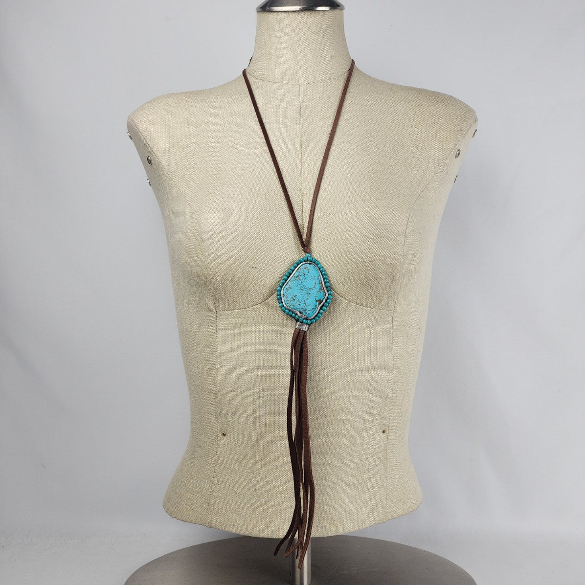 Brown Leather Faux Turquoise Necklace