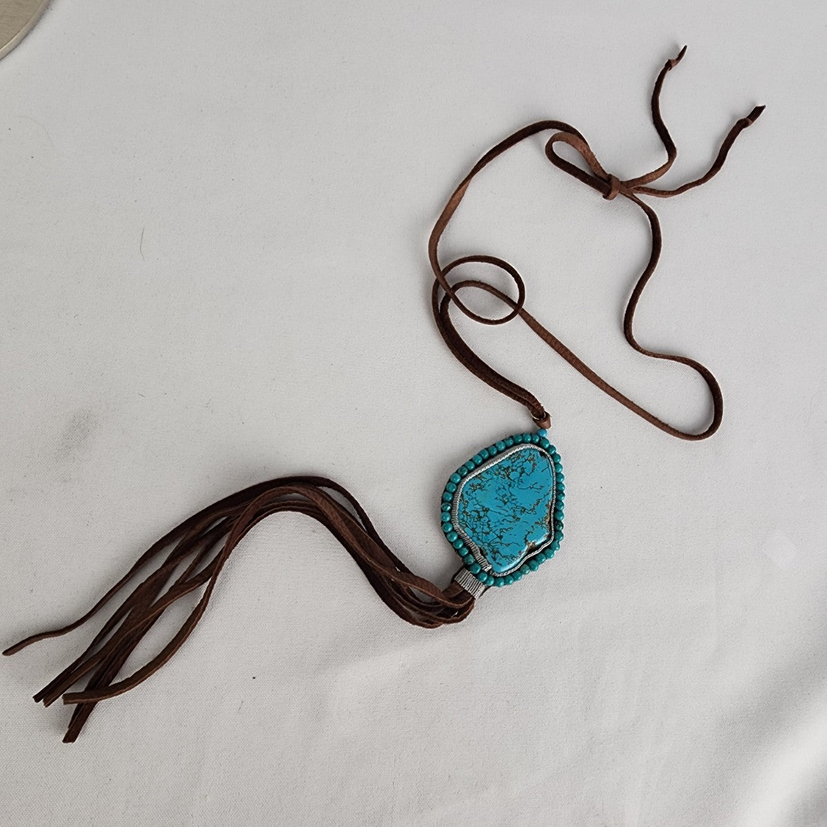 Brown Leather Faux Turquoise Necklace