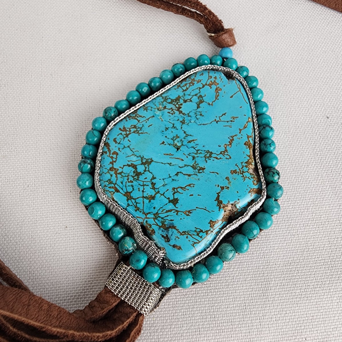 Brown Leather Faux Turquoise Necklace