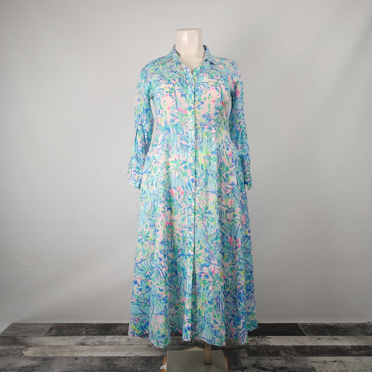 Lilly Pulitzer Kalina Blue Floral Cotton Button Up Midi Shirtdress Size 16