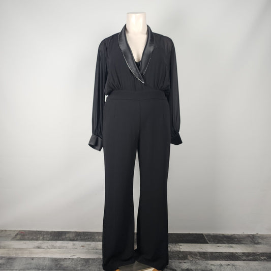 Melanie Lyne Black Sheer Sleeves Beaded Collar Jumpsuit Size 16