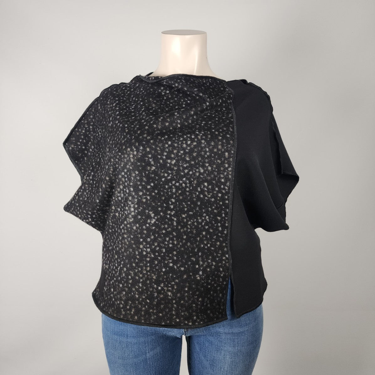 igor Black Wool Speckled Asymmetrical Short Sleeve Top Size L