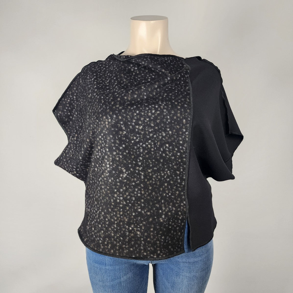 igor Black Wool Speckled Asymmetrical Short Sleeve Top Size L