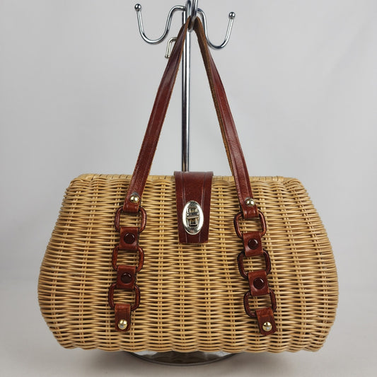 Vintage Woven Wicker & Leather Satchel Purse