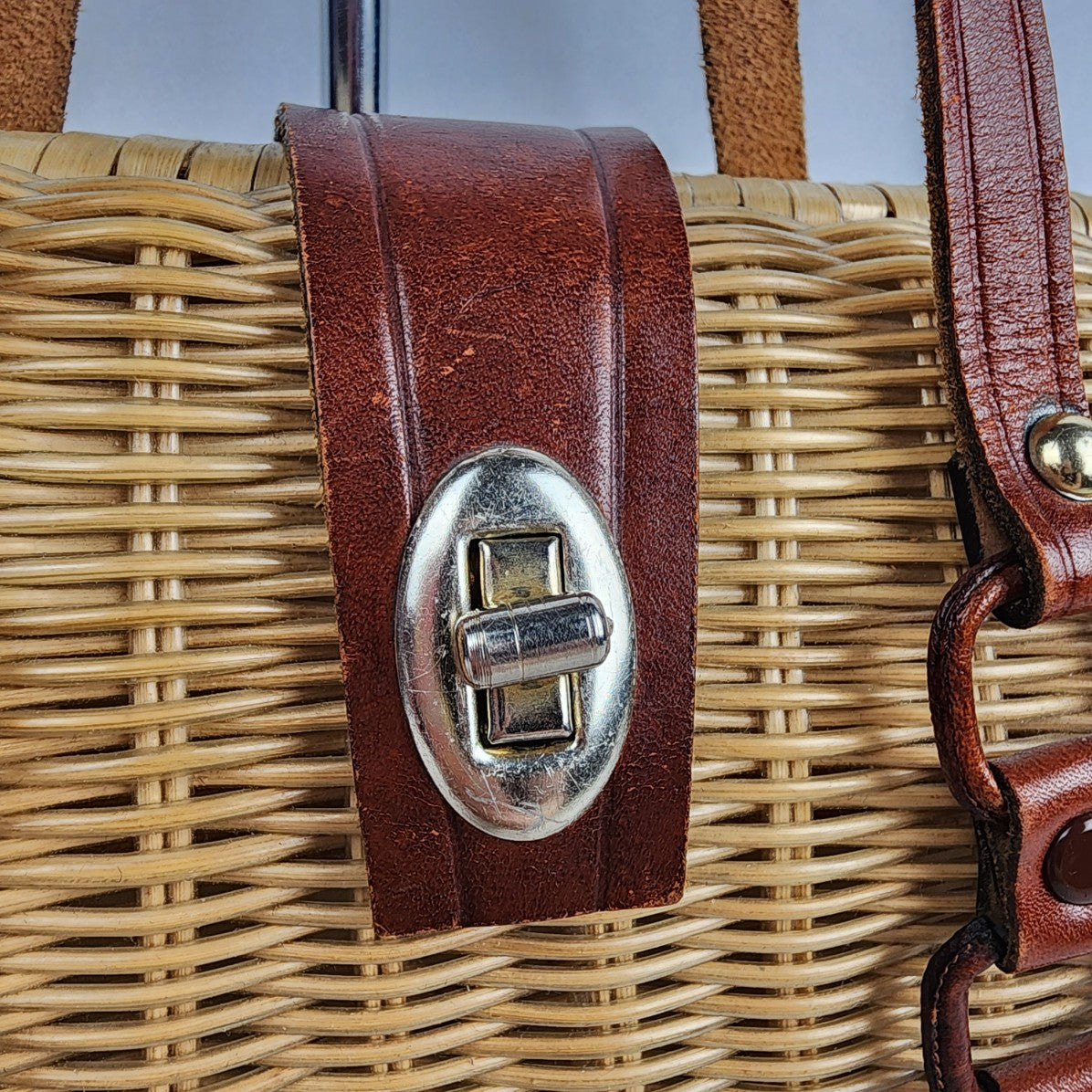 Vintage Woven Wicker & Leather Satchel Purse