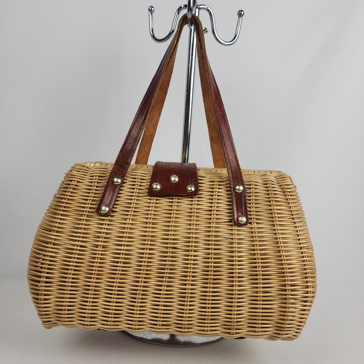 Vintage Woven Wicker & Leather Satchel Purse