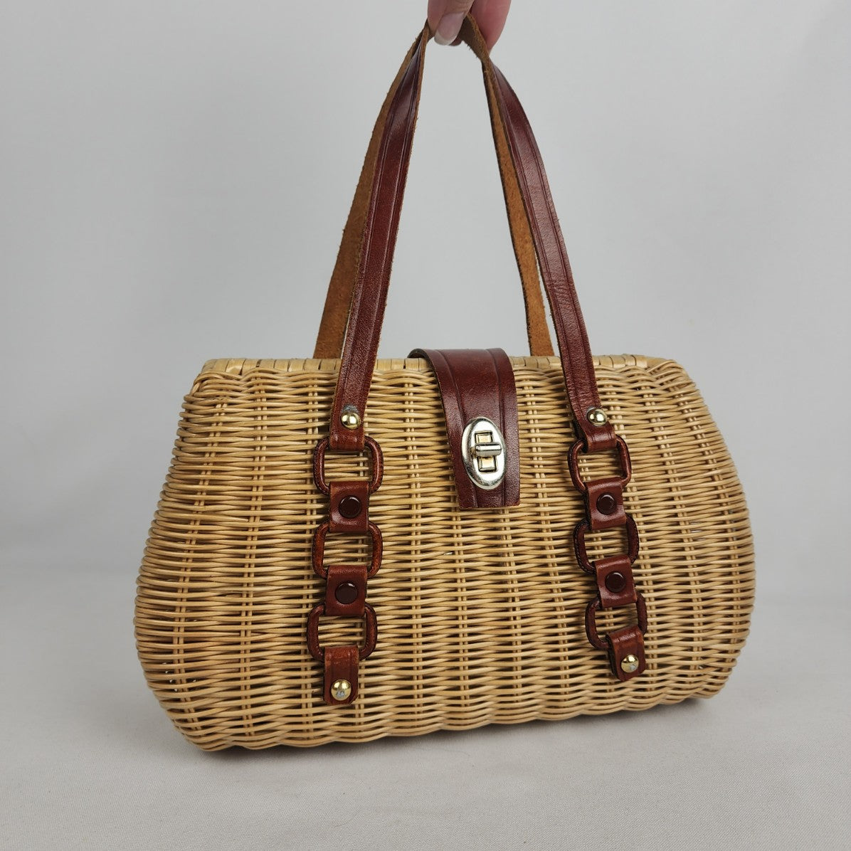 Vintage Woven Wicker & Leather Satchel Purse