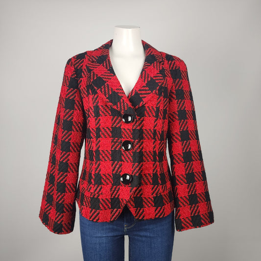 Coldwater Creek Red Plaid Tweed Button Up Blazer Size 14