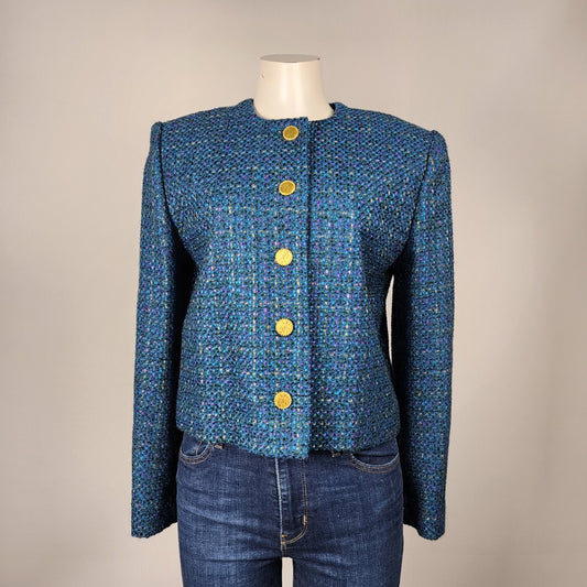 Vintage Blue Tweed Button Up Blazer Jacket Size M/L