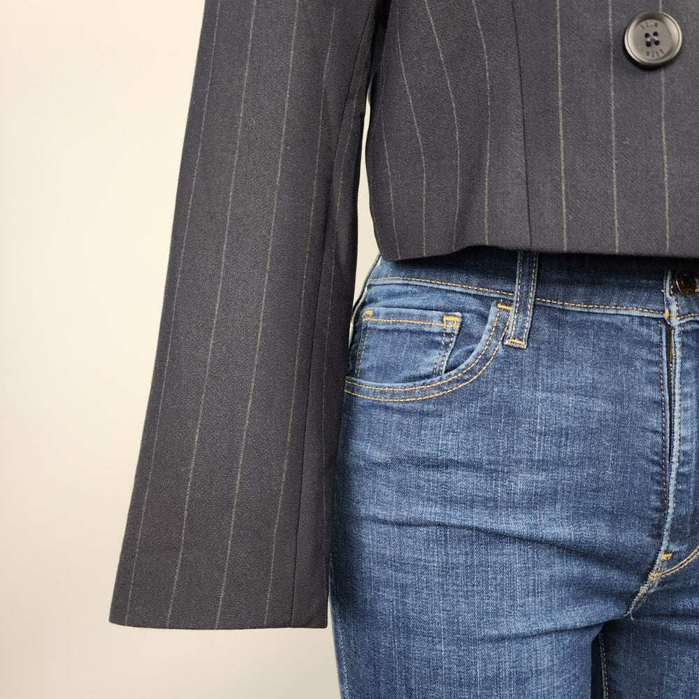 Ilja Navy Blue Pin Striped Double Breasted Cropped Blazer Size M