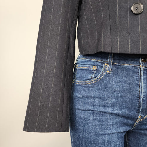 Ilja Navy Blue Pin Striped Double Breasted Cropped Blazer Size M