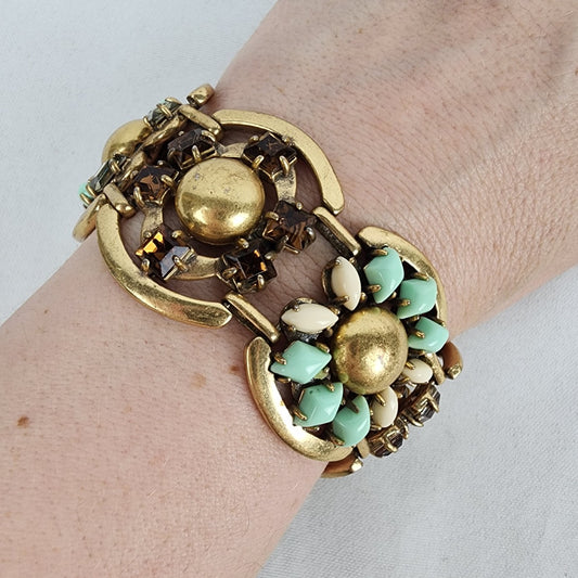 Vintage Stella and Dot Antique Brass Tone Teal & Brown Stone Link Bracelet