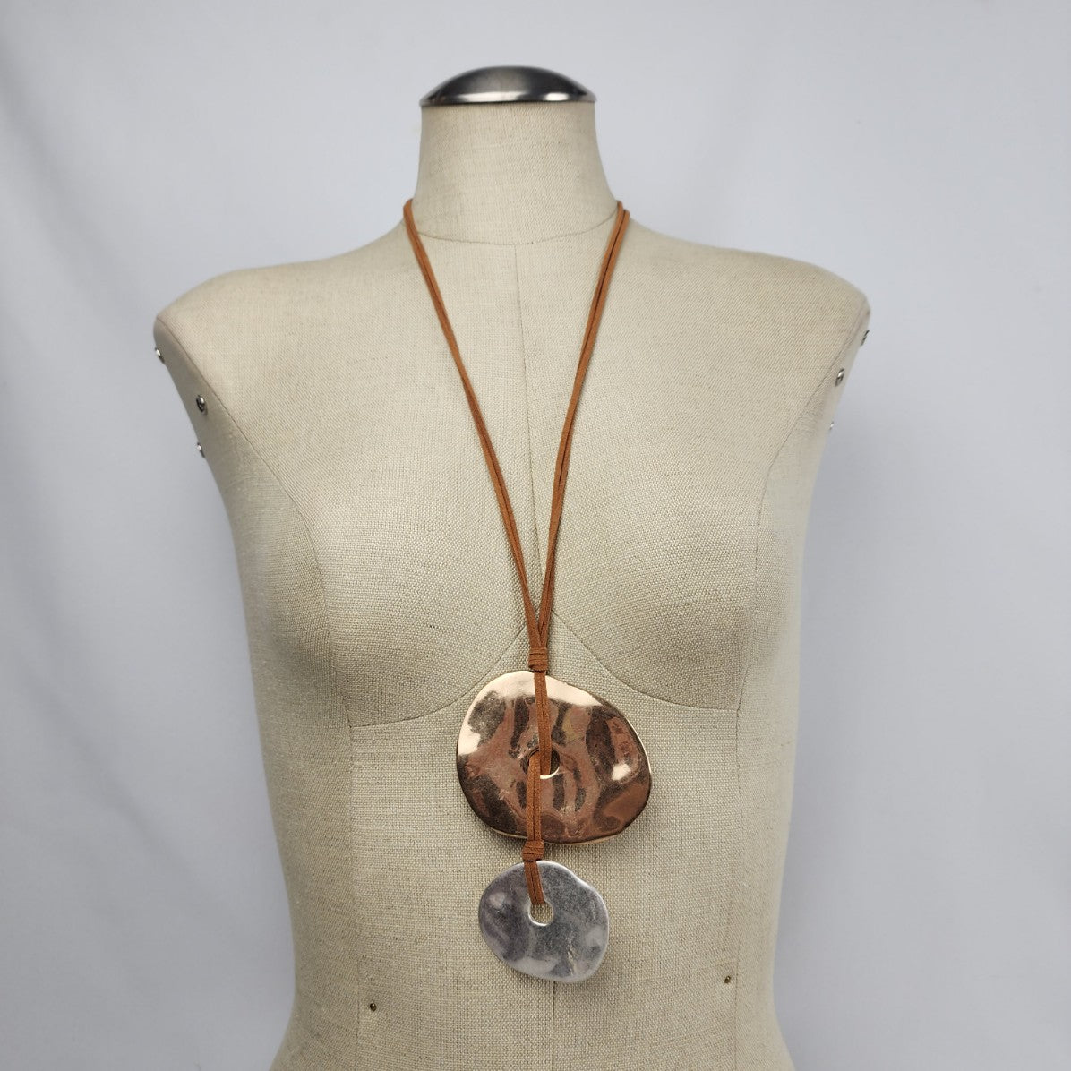 Gold & Silver Hammered Disc Brown Cord Statement Necklace