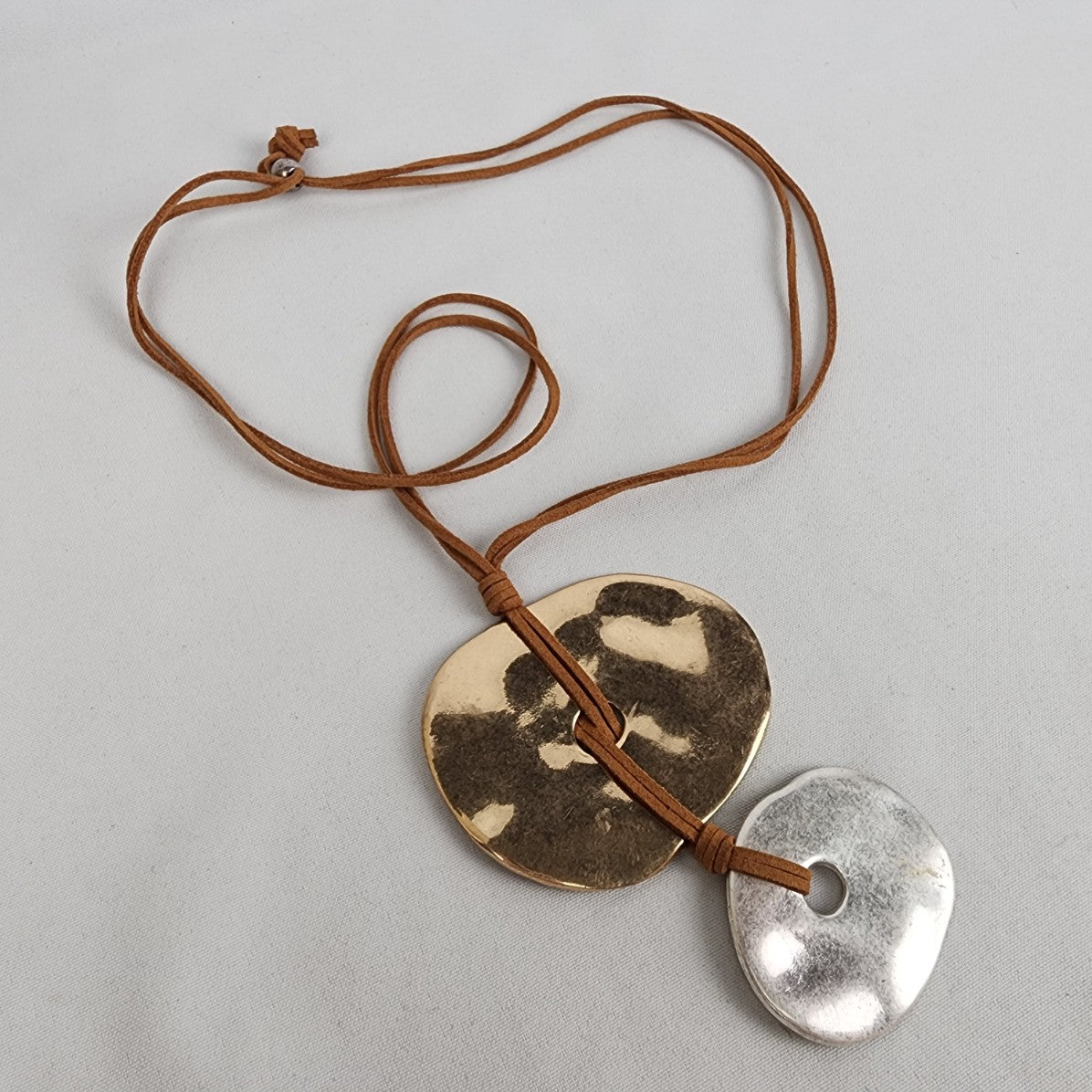 Gold & Silver Hammered Disc Brown Cord Statement Necklace