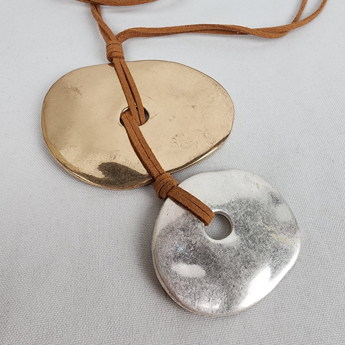 Gold & Silver Hammered Disc Brown Cord Statement Necklace