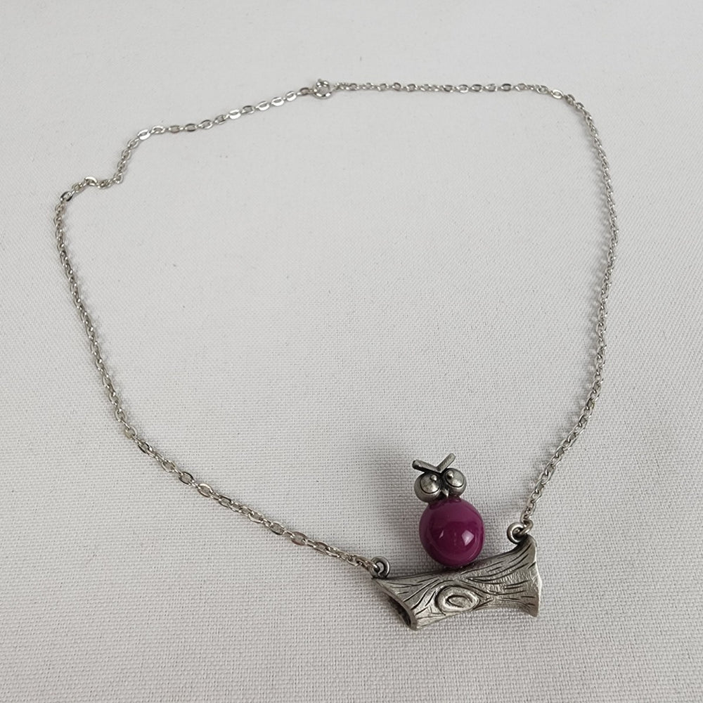 Vintage Owl Sitting On a Log Pendant Chain Necklace