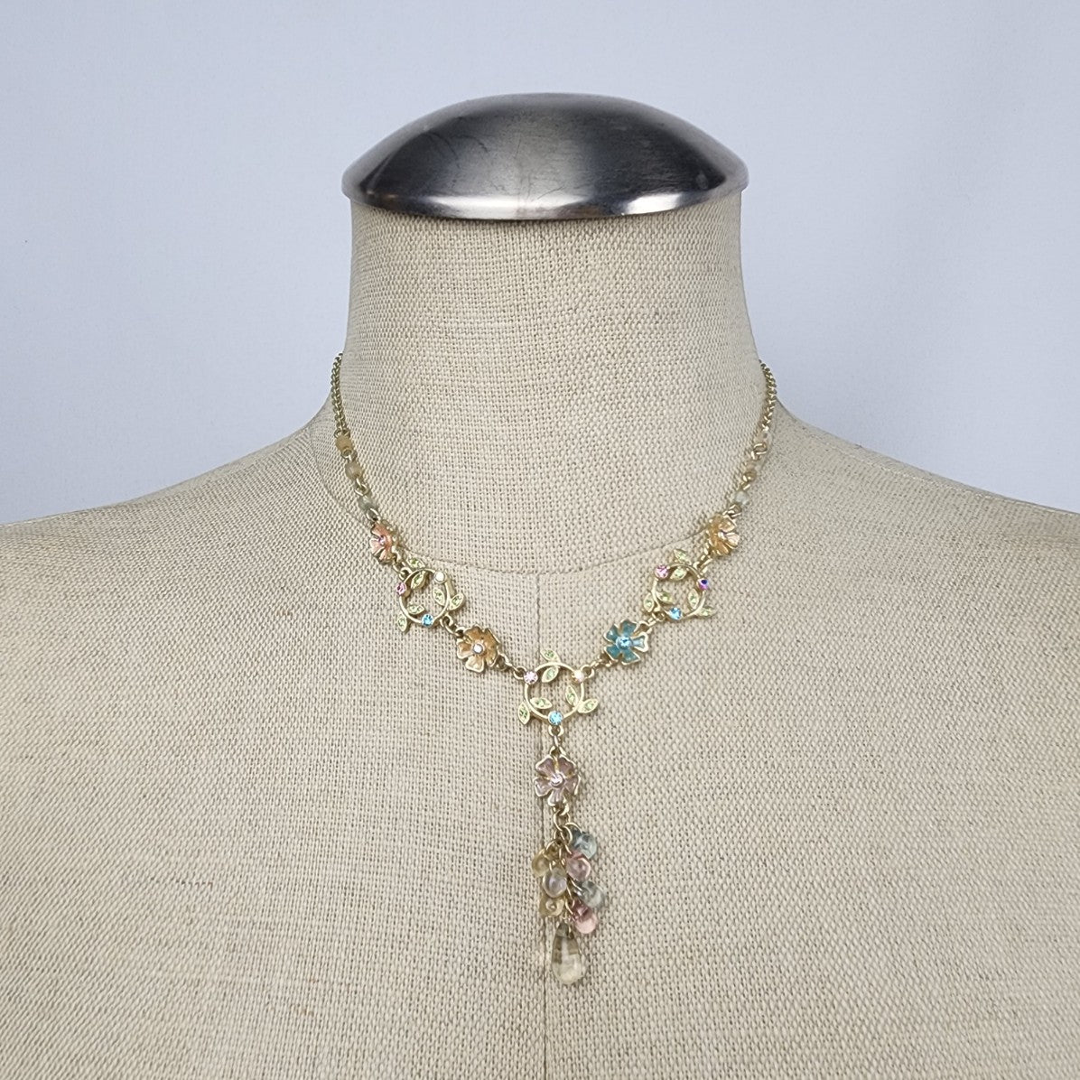 Gold Tone Pastel Floral Glass Beaded Y Necklace