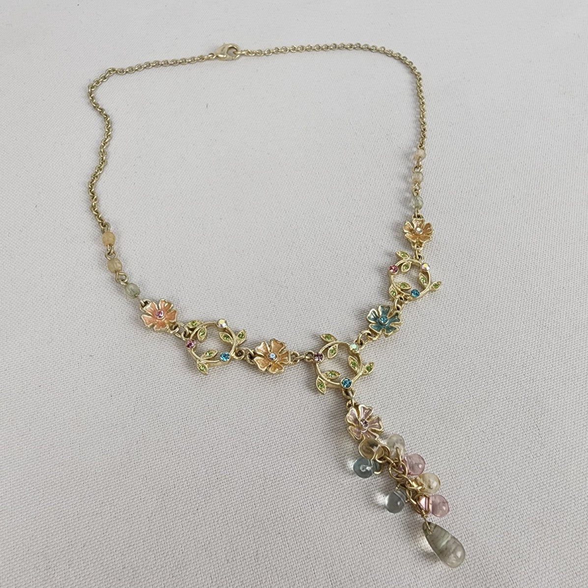 Gold Tone Pastel Floral Glass Beaded Y Necklace