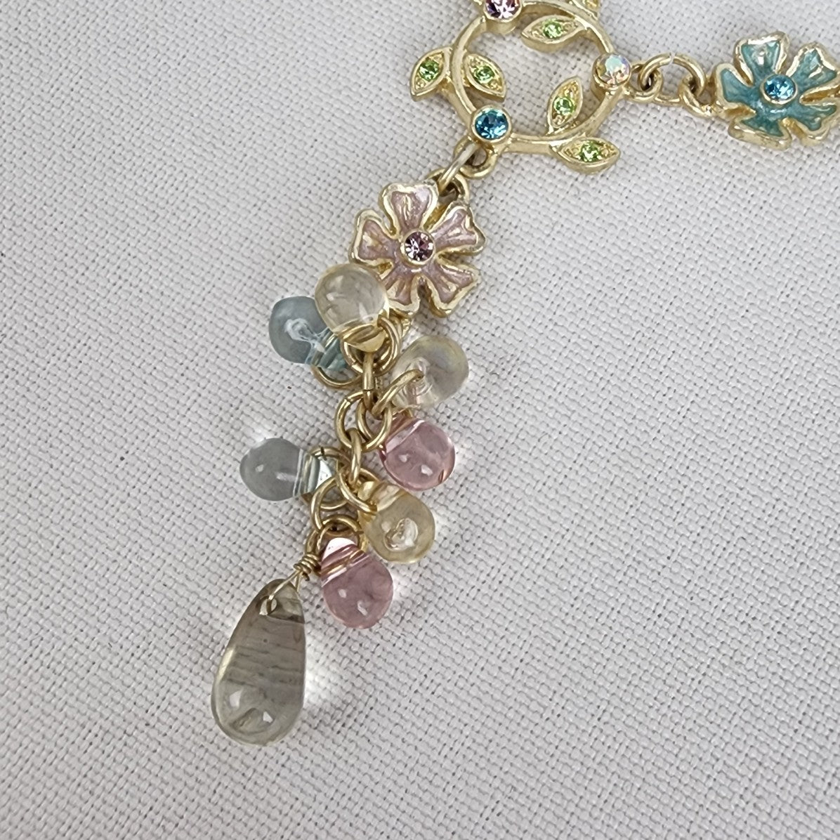 Gold Tone Pastel Floral Glass Beaded Y Necklace