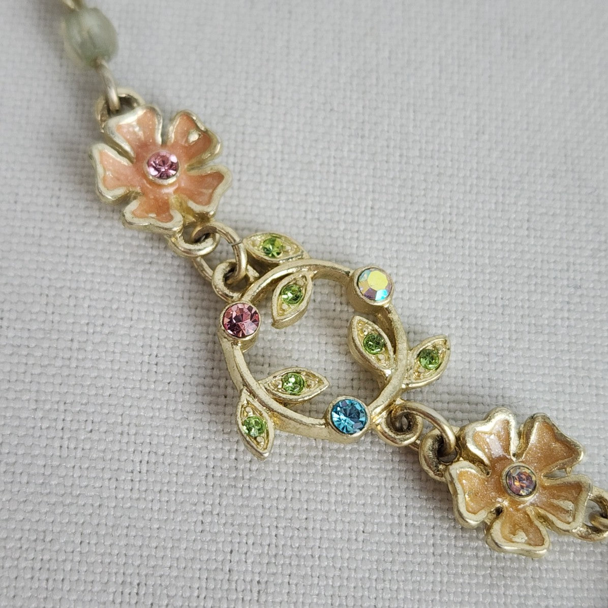 Gold Tone Pastel Floral Glass Beaded Y Necklace