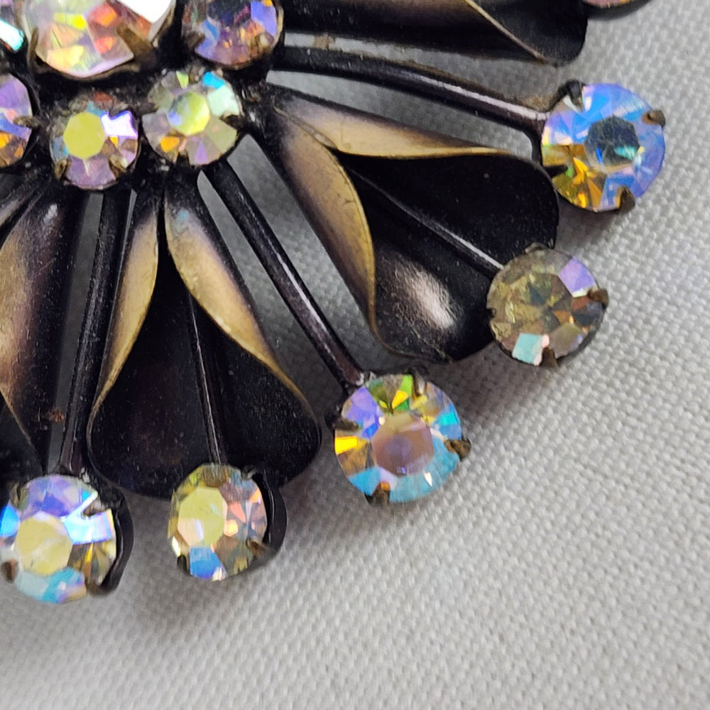 Vintage Bronze Tone AB Crystal Brooch & Clip On Earring Set