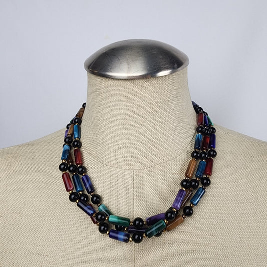 Blue Green & Burgundy Beaded Collar Necklace