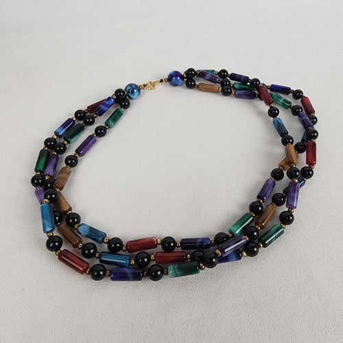 Blue Green & Burgundy Beaded Collar Necklace