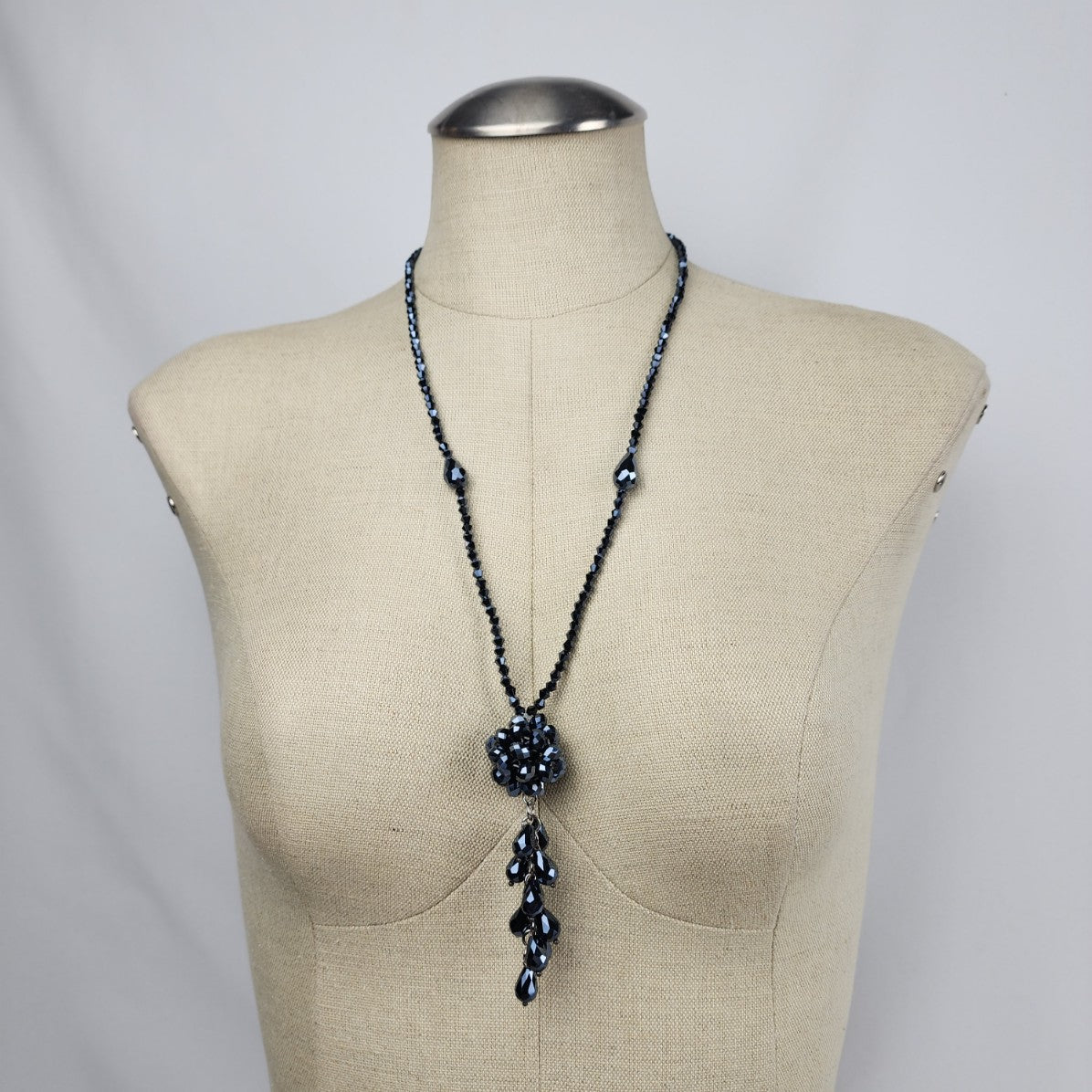 Metallic Blue Glass Beaded Tassel Necklace