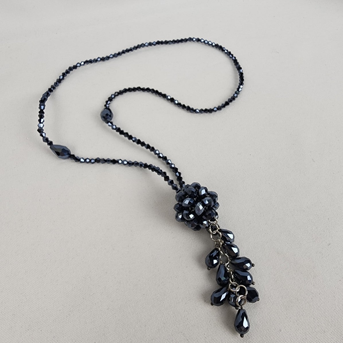 Metallic Blue Glass Beaded Tassel Necklace