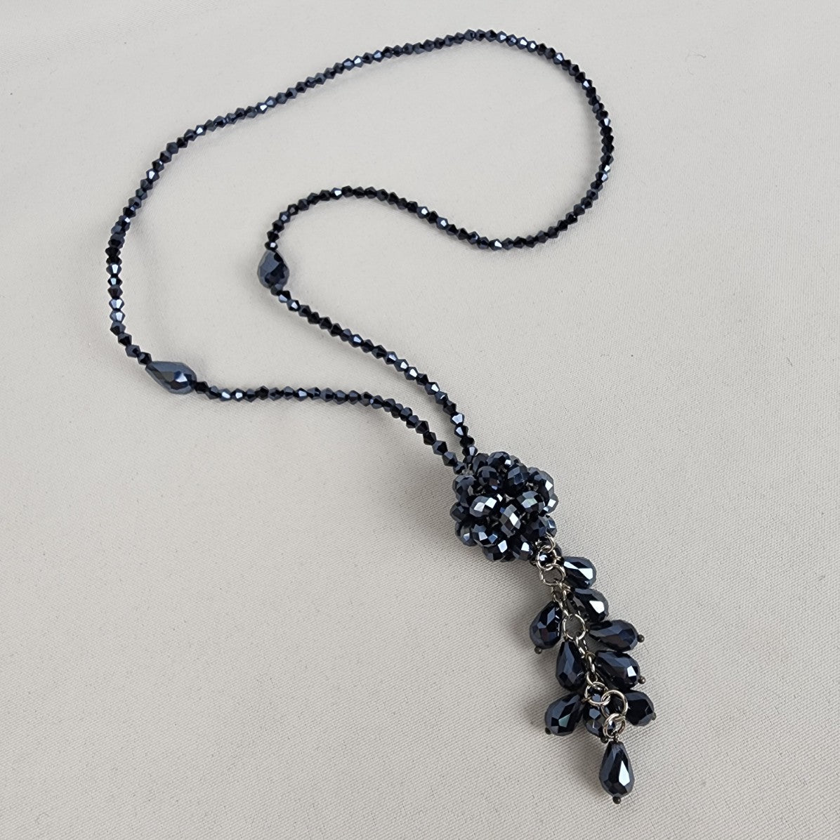 Metallic Blue Glass Beaded Tassel Necklace