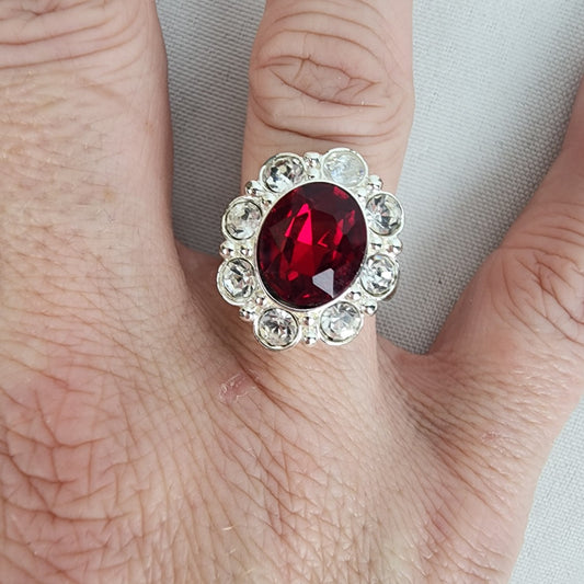 Silver Tone Red Stone Ring Size 8