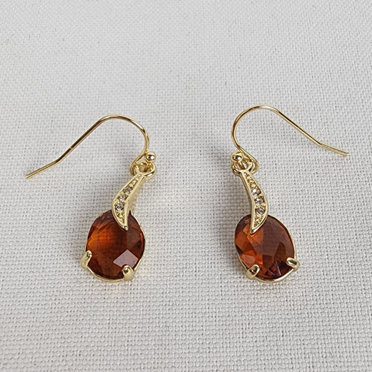 Gold Tone Rhinestone Brown Stone Drop Earrings