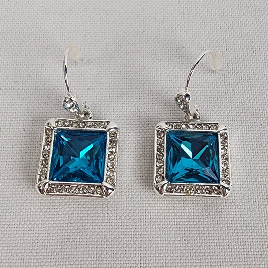 Silver Tone Blue Square Stone Drop Earrings