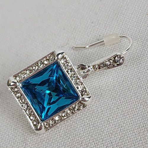 Silver Tone Blue Square Stone Drop Earrings