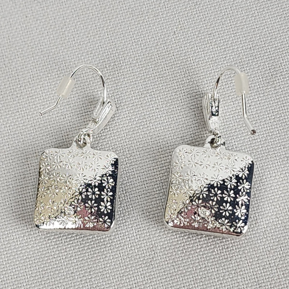 Silver Tone Blue Square Stone Drop Earrings