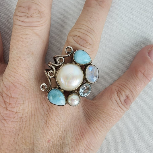 925 Sterling Silver Turquoise Pearl Statement Ring Size 8