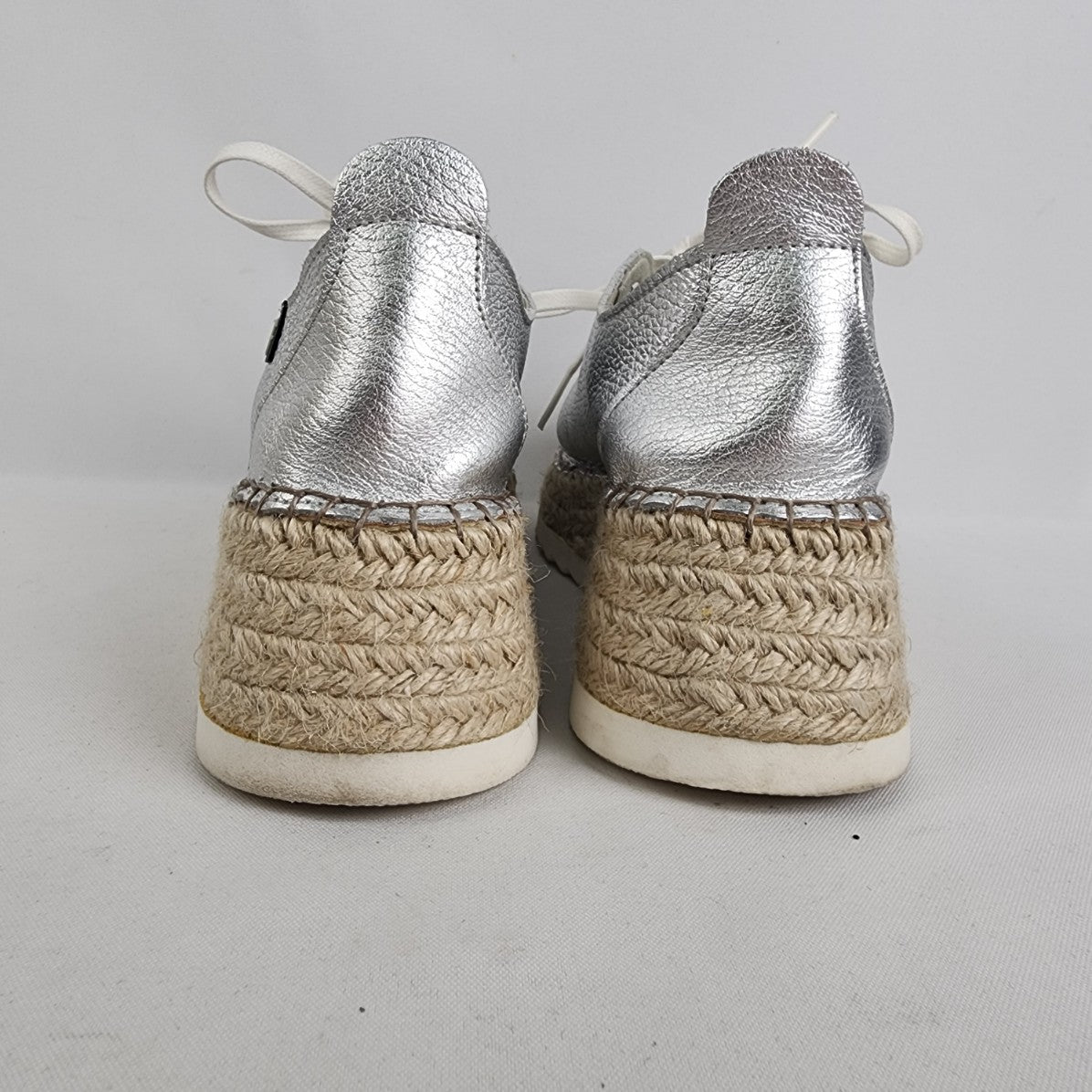 Fabiolas Silver Leather Woven Rattan Platform Heel Sneakers Size 8.5