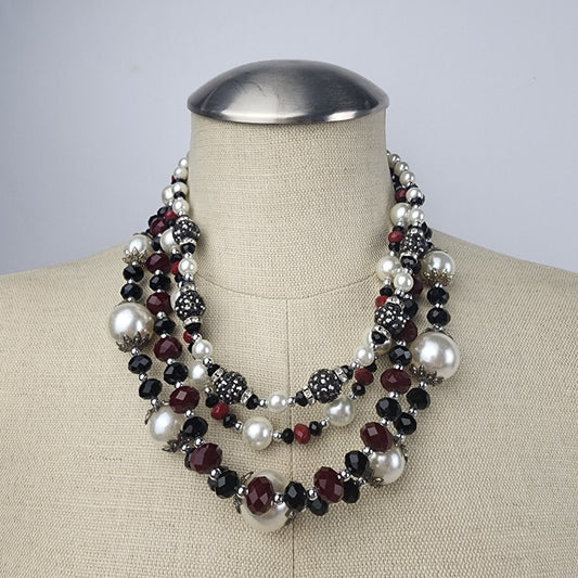 Silver & Red Glass Beaded Layered Necklace