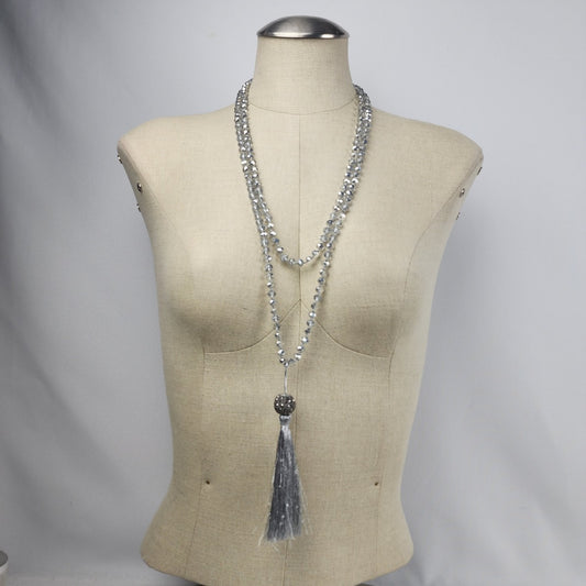 Grey Faceted Glass Beads Fringe Pendant Long Necklace