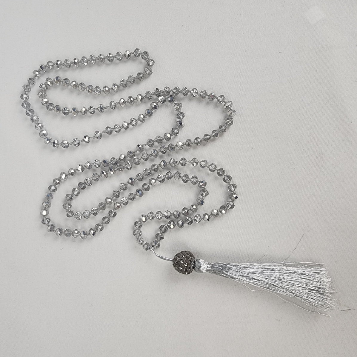 Grey Faceted Glass Beads Fringe Pendant Long Necklace