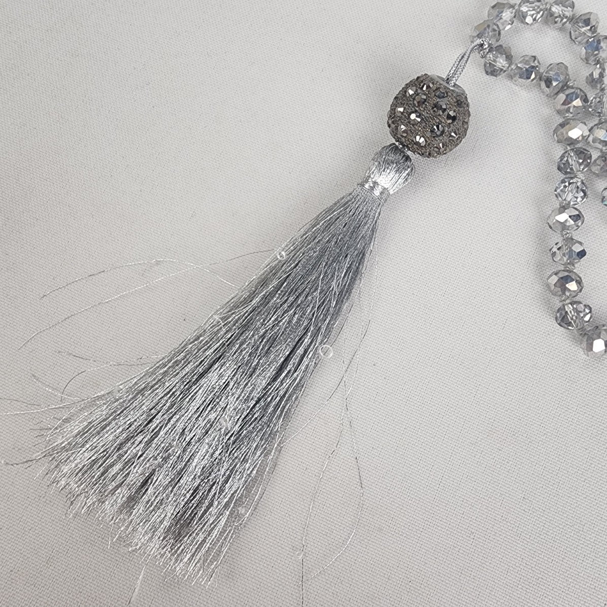 Grey Faceted Glass Beads Fringe Pendant Long Necklace