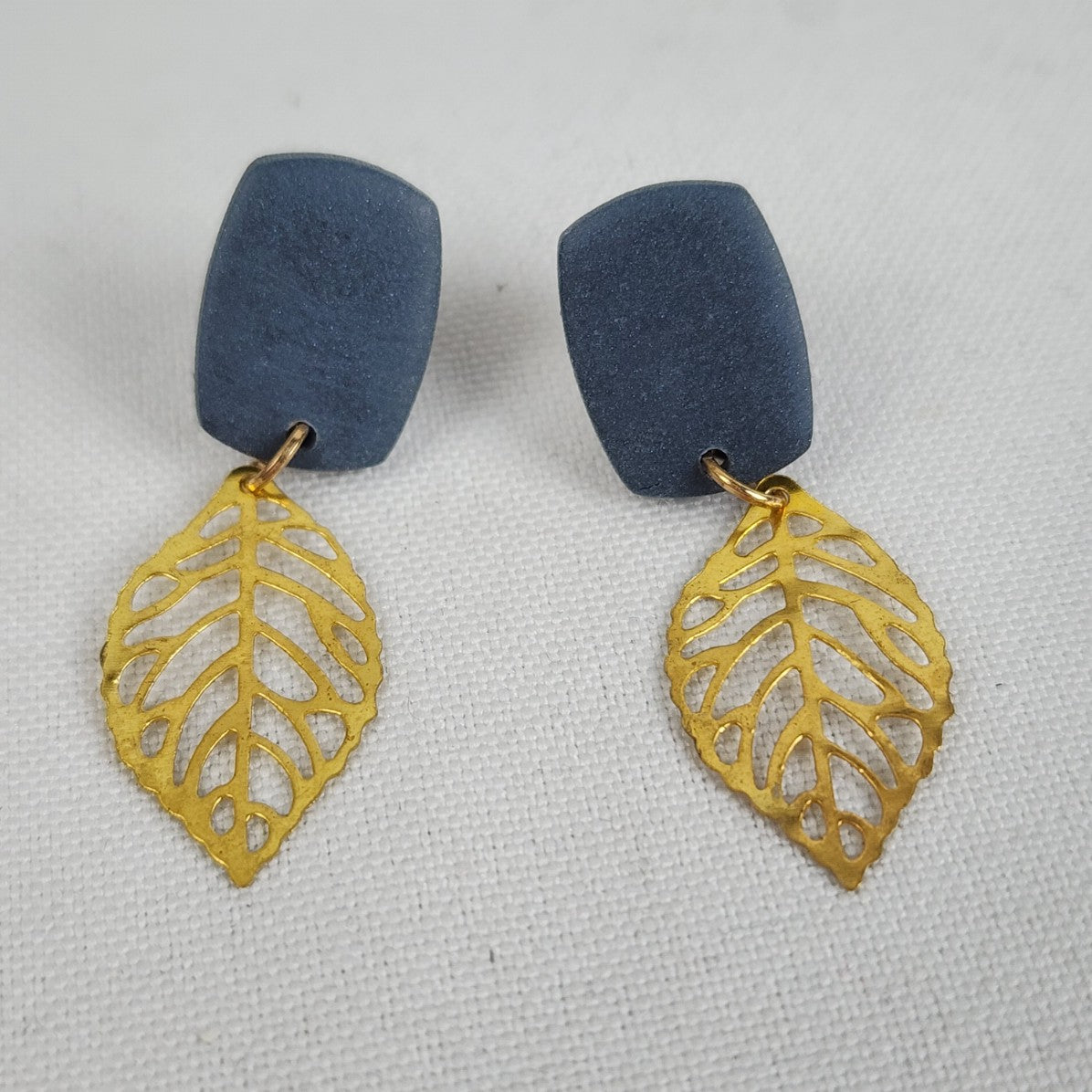 Teal & Gold Tone Leaf Drop Earrings